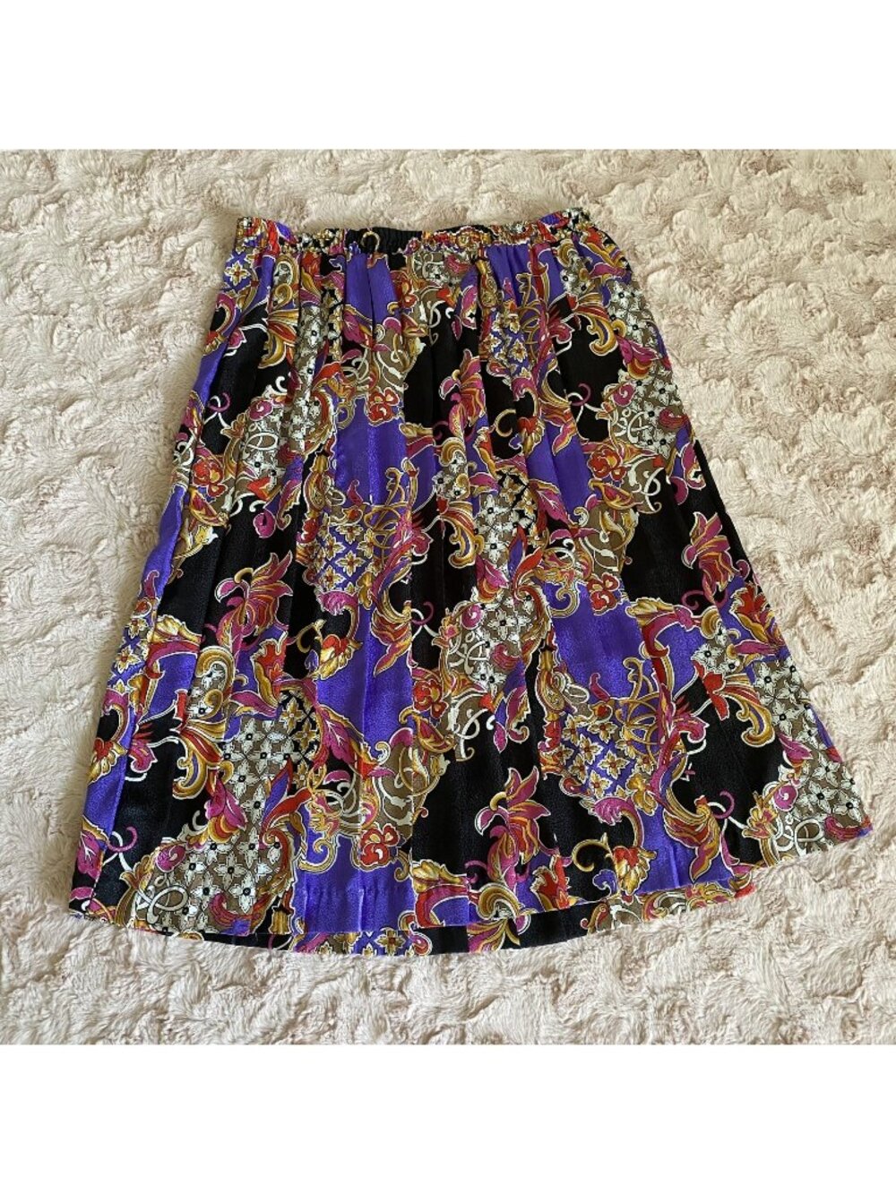 Vintage Andrea Gayle Womens 1X Midi Skirt Colorful Pleated Black Blue Gold